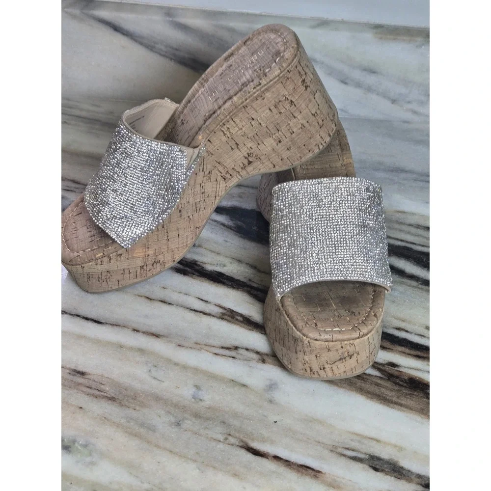 Madden Girl Zahara-R Silver Rhinestone Cork Platform Wedge Sandals‎ 8M